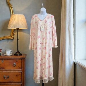 VTG NOS Karen Neuberger Nightgown Lace Trim Pink Roses Romantic Cottagecore Sz M
